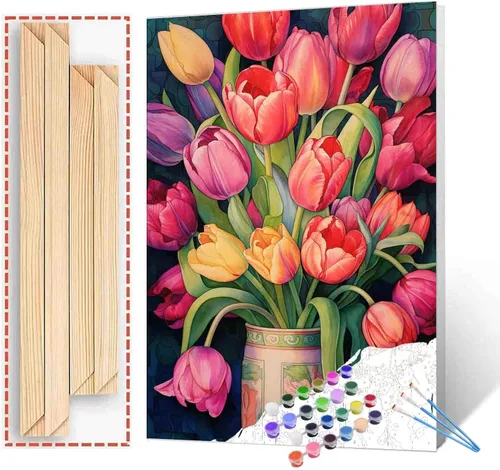 Miniatura 17 de Tucocoo Kit de pintura de lavanda por números con pinceles y pigmento acrílico sobre lienzo para adultos, diseño rústico de ventanas, arte floral