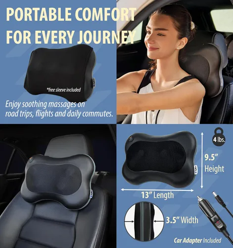 Miniatura 6 de Zyllion Masajeador Shiatsu de espalda y cuello con calor - Almohada de masaje eléctrico de amasado de tejido profundo 3D para alivio del dolor Negro