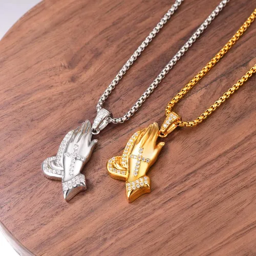 Miniatura 3 de U7 Colgante de cruz ortodoxa rusamanos rezandosigno de Ichthys para hombres y mujeres, acero inoxidable chapado en oro de 18 quilates, collar