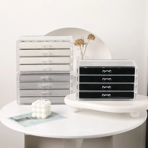 Miniatura 6 de Frebeauty Caja organizadora de aretes caja de joyería acrílica con 4 cajones organizador de joyas transparente con bandejas de terciopelo anillos