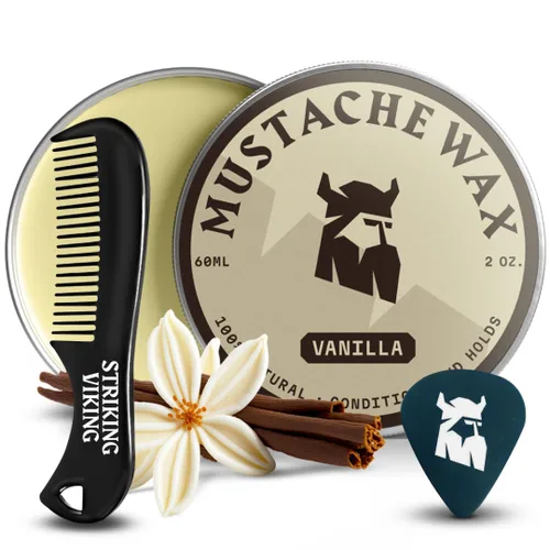 Striking Viking Kit de cera para bigote con peine, 2 onzas, vainilla, kit de aseo de bigote de sujeción fuerte para hombres, juego de cera y peine