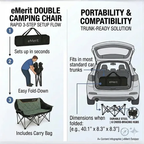 Miniatura 5 de EMERIT Silla de Camping de Tamaño Grande con Capacidad de 650 Libras - Sofá Biplaza Plegable de Servicio Pesado para Camping con Asiento Profundo