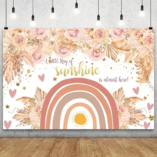YongFoto Telón de fondo de arco iris bohemio de 5 x 3 pies para baby shower, hierba de las pampas, arco iris bohemio, baby shower, un pequeño rayo