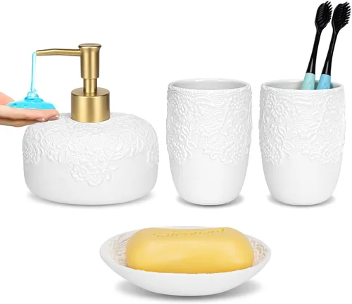 Miniatura 7 de Juego de accesorios de baño, 4 piezas de cerámica con diseño en relieve, dispensador de jabón de baño de 13.5 onzas y 2 vasos de cerámica, 1 jabonera