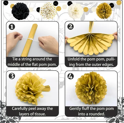 Miniatura 6 de Decoraciones de fiesta negras y doradas, 16 piezas de pompones de papel de seda, kit de guirnalda de papel para fiesta de Año Nuevo, graduación