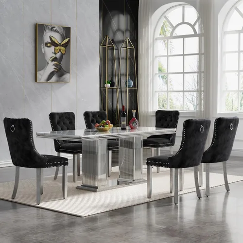 Miniatura 49 de HomVent Juego de mesa de comedor moderna de mármol sintético para 4 personas, mesa de cocina rectangular con 4 sillas beige (dorado)