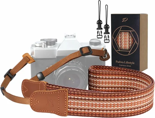 Miniatura 14 de Padwa Lifestyle Correa de cámara con rayas - 1.5" Correa suave de cuerda trenzada de algodón con cabezal de cuero vacuno Crazy Horse para el hombro