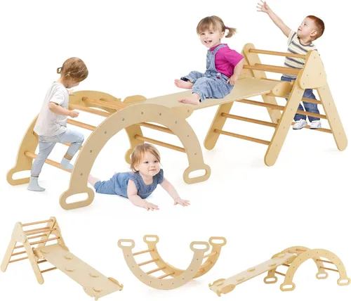 HONEY JOY Juguetes de escalada de madera 5 en 1 para niños pequeños, escalador triangular con rampa para deslizarse o escalar, juego de arco de