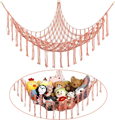 Miniatura 7 de Hamaca Esquinera para Animales de Peluche, Red Grande de Juguetes de Peluche Tejida a Mano con Anillos de Madera Almacenamiento Boho Lindo