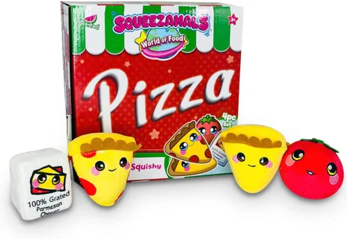Squeezamals World of Food - Juego de pizza de Nueva York para niños, juguete de peluche de 4 piezas, incluye mini peluches de comida perfumada para