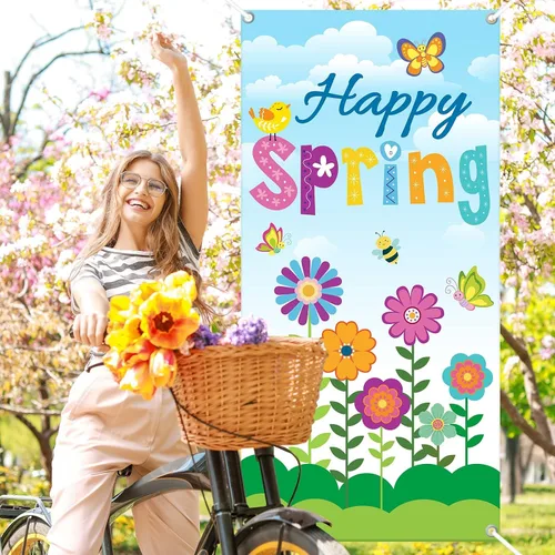 Miniatura 4 de Whaline Decoración de cubierta de puerta con texto en inglés «Hello Spring» con diseño floral de primavera para puertas delanteras, pancarta