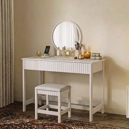 Miniatura 9 de ChooChoo Escritorio moderno de 40 pulgadas con cajones, escritorio de maquillaje con taburete acolchado, pequeño escritorio de oficina en casa