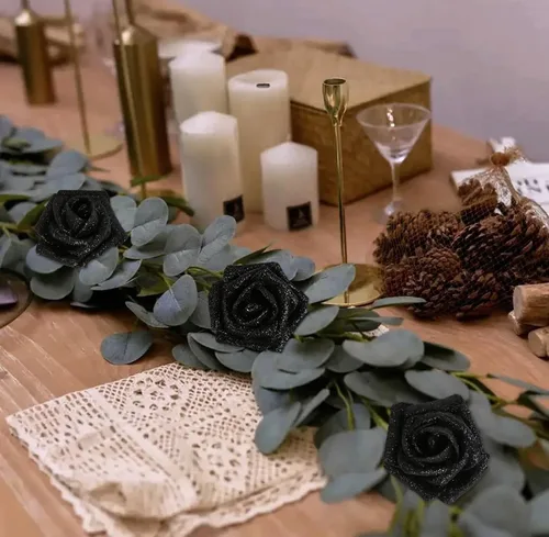 Miniatura 4 de Flores negras con purpurina, 30 unidades, flores artificiales con purpurina, rosas de espuma con tallo, flores sintéticas para bricolaje, ramo