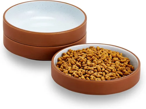Cottagecore Howise - Juego de cuencos de cerámica para gatos, 3 cuencos, 5 pulgadas, terracota + azul, seguro, apilable, fácil de limpiar