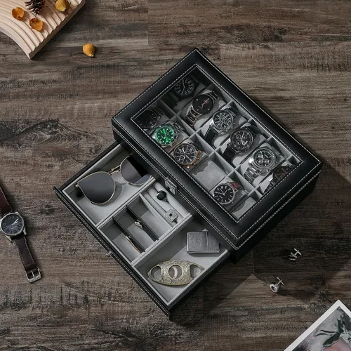 Miniatura 3 de BEWISHOME Caja organizadora de 12 relojes con cajón de exhibición de joyas, bandeja ajustable, caja de almacenamiento de reloj para hombres con tapa
