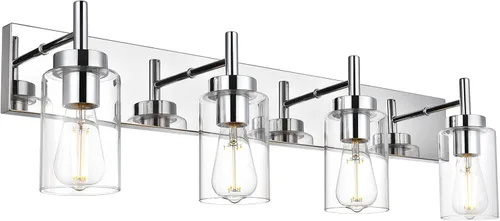 Iluminación moderna de baño con pantalla de vidrio transparente, 4 luces para tocador, lámpara de pared industrial con acabado en cromo, apliques