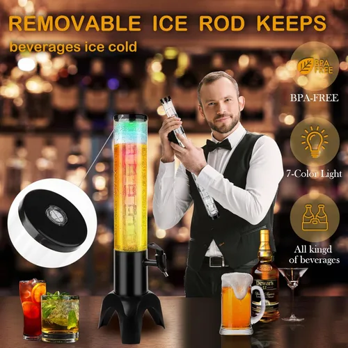 Miniatura 3 de Dispensador de cerveza Margarita Tower, dispensador de torre de mimosa de 50 onzas con tubo de hielo y luz LED, dispensador de torre de bebidas