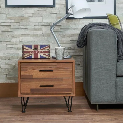 Miniatura 3 de Acme Deoss Mesita de noche rectangular de madera con 2 cajones con patas en forma de V en nogal