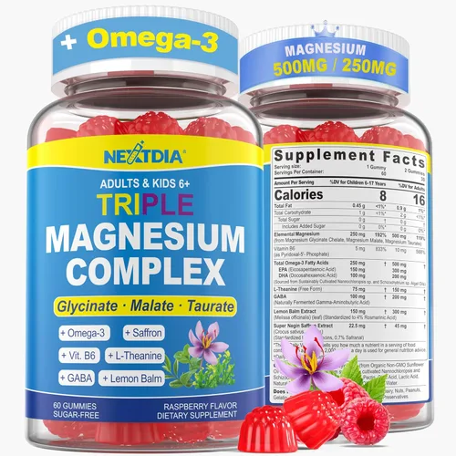 Gomitas de magnesio + omega-3 + azafrán para niños y adultos, gomitas de magnesio para niños y adultos, complejo triple de magnesio sin azúcar, 500