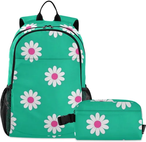 Daisy Flower Cyan White Book Bag For Boys School Backpacks For Girls With Lunch Box 9-10 years mochilas y loncheras escolares para nias