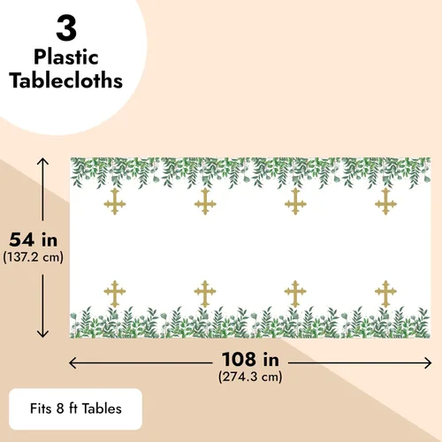 Miniatura 4 de Sparkle and Bash Manteles de bautismo, paquete de 3, 54 x 108 pulgadas, plástico dorado, decoración de mesa religiosa desechable para bautismo