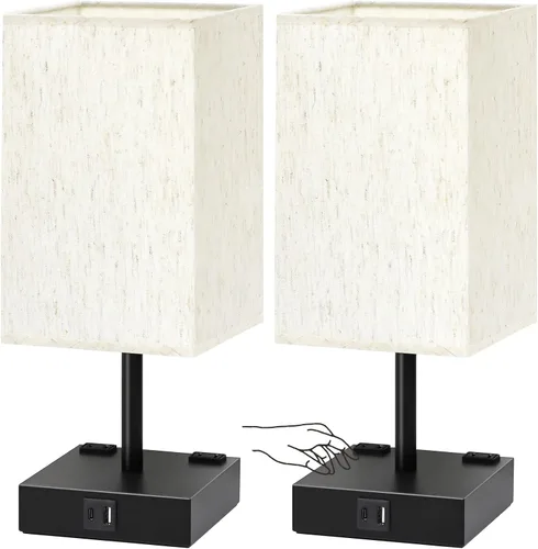 Miniatura 10 de Juego de 2 lámparas de mesita de noche de 3 vías regulables con puerto de carga USB C y USB A, 2 salidas de CA, bombillas LED de 3000 K (negro)
