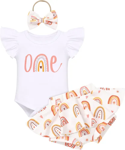 Miniatura 19 de IMEKIS Traje de 1er cumpleaños para bebé niña con estampado de girasol y durazno + pantalones cortos con volantes + diadema para sesión de fotos