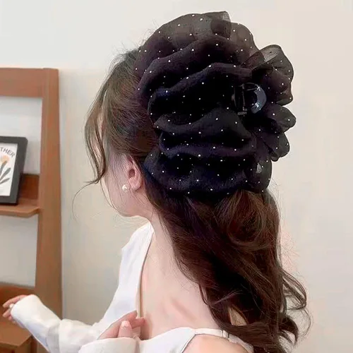 Miniatura 5 de Myhiju Pinza para el cabello, pinza de pelo de tul de malla de gasa negra, clip de lazo de seda de sujeción fuerte para mujeres, accesorios