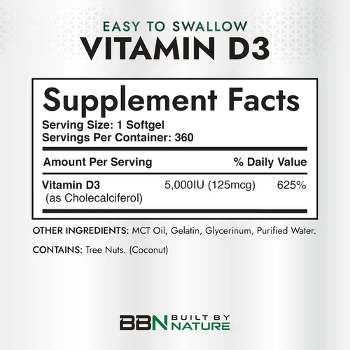 Miniatura 4 de Built by Nature Suplemento de vitamina D3 de 5000 UI, 360 mini cápsulas blandas Con aceite de coco MCT, alta absorción, fácil de tragar