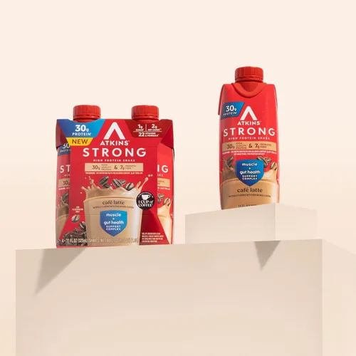 Miniatura 7 de Atkins - Batido Fuerte de Alta Proteína, Sabor Café Laté, 30g de Proteína, 7g de Fibra Prebiótica, Apoyo para la Salud Muscular y del Intestino