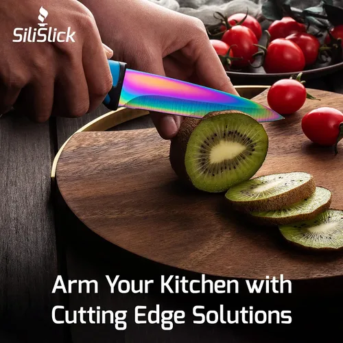 Miniatura 9 de SiliSlick Juego de cuchillos para carne de acero inoxidable, cuchillos de cocina coloridos con revestimiento de titanio con borde recto, suave