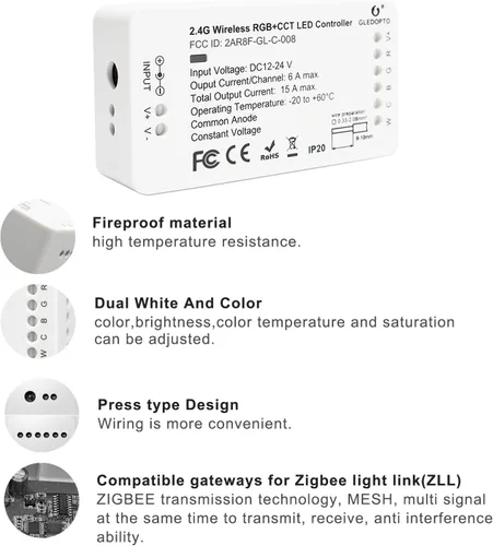 Miniatura 2 de GLEDOPTO Zigbee - Controlador RGBW RGBCCT 5 en 1 de tira de luz LED, compatible con SmartThings Hub, dispositivo Zigbee Zll Link Amazon Alexa Echo
