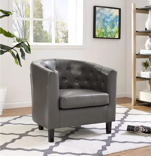 Miniatura 10 de Naomi Home Emma - Silla acentuada con botones copetados de imitación de cuero, silla de barril estilo midcentury moderno, sillón cómodo, sillas