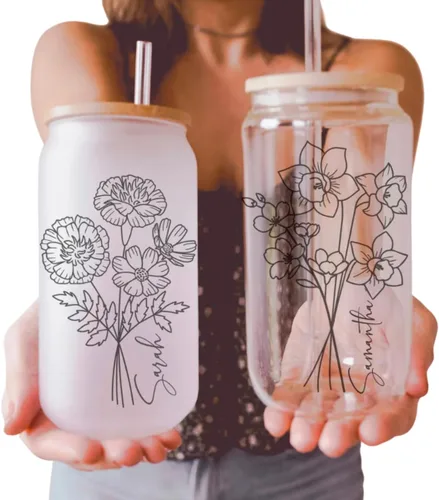 Miniatura 2 de Juego de vasos personalizados con diseño de flor de nacimiento de pajita, taza de vidrio personalizada con tapa, ideas de propuesta de dama de honor