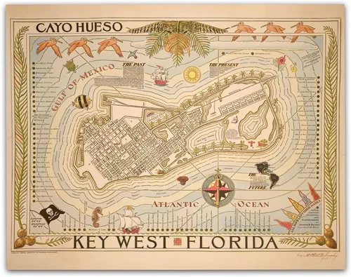 Cayo Hueso Key West Florida 1935 - Mapa ilustrado vintage de arte costero, arte náutico pictórico, cartografía, historia de la isla, decoración de