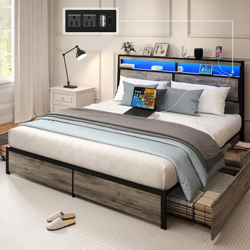 Miniatura 11 de SADENICEL Base de cama de tamaño matrimonial con almacenamiento, plataforma de cama de madera LED con cabecero, 4 cajones, estación de carga,