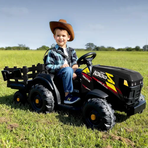 Miniatura 2 de Hikiddo Juguete tractor de paseo para niños de 24 V, tractor eléctrico para niños de 3 a 8 años con remolque, motores de 2 x 200 W, color negro