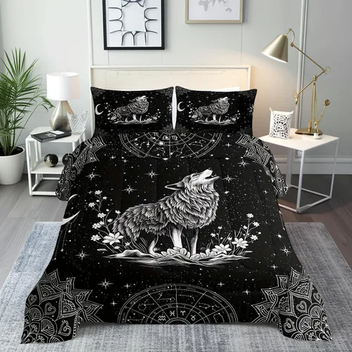 Miniatura 35 de Castle Fairy Juego de edredón tamaño twin con lobo, animales salvajes y plantas, exótico, bohemio, loto misterioso, colección de cama suave