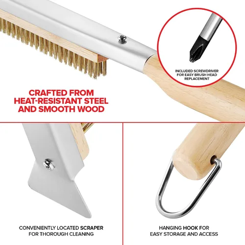 Miniatura 4 de Kit de accesorios esenciales para horno de pizza, incluye mango de madera extralargo, 2 cabezales de cepillo con cerdas de acero inoxidable
