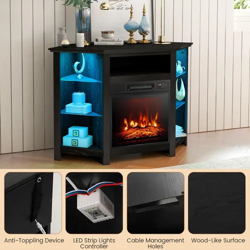 Miniatura 8 de COSTWAY Soporte de TV de esquina con chimenea eléctrica con luces LED de 16 colores, 3 brillos, control remoto y aplicación, moderno centro de Negro