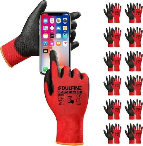 Miniatura 14 de DULFINE Guantes de trabajo de seguridad con revestimiento de poliuretano para hombres y mujeres - 12 pares, guante de punto sin costuras negro