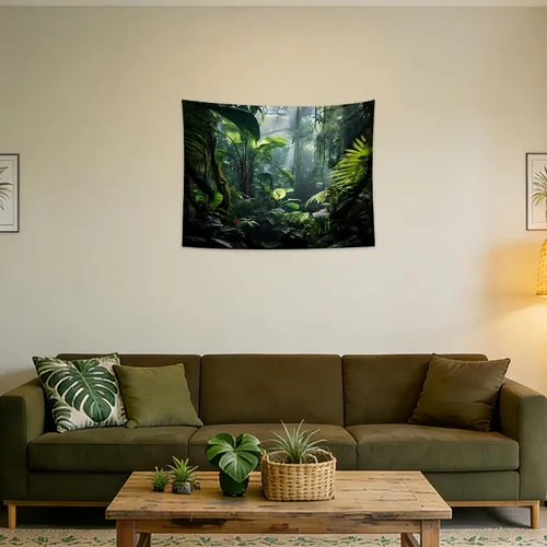 QGHOT Tapiz de selva para colgar en la pared, telón de fondo de selva tropical con hojas de palmera verde, arte de pared de bosque extra grande para