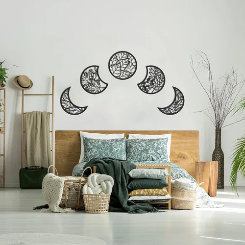 Miniatura 4 de Jetec 5 piezas de arte de pared de fase lunar para colgar en la pared, frontones de madera, fase lunar espiritual, dormitorio, nórdico, bohemio