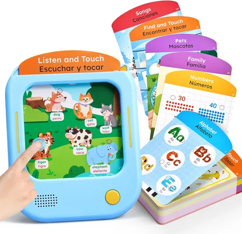 JoyCat Tableta de aprendizaje bilingüe para niños, 106 páginas en español e inglés con 20 juegos interactivos, juguete Montessori para alfabeto,