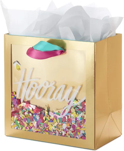Miniatura 5 de Hallmark Signature - Bolsa de regalo de 7 pulgadas (tamaño mediano) con papel de seda (¡Hurray! Oro con confeti rosa, turquesa, púrpura)