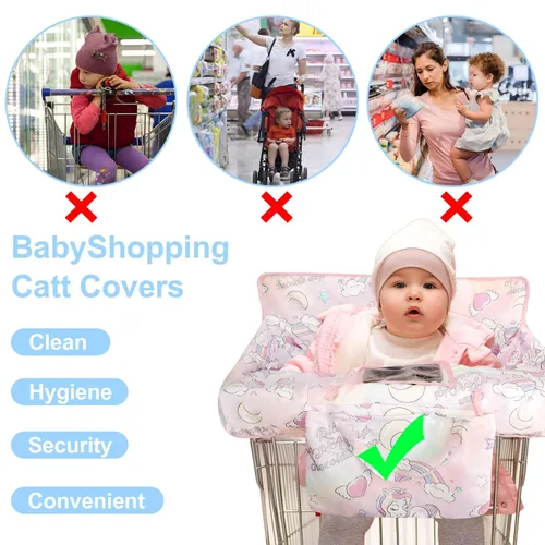Miniatura 4 de Funda rosa para carrito de compras para bebé, funda para silla alta 2 en 1 con arnés de seguridad, fundas multifuncionales con patrón de unicornio