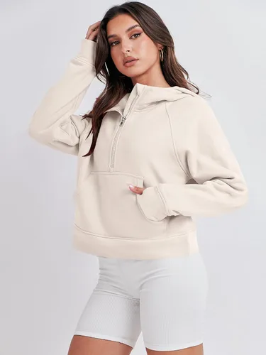 Miniatura 4 de ANRABESS Sudaderas con capucha corta con media cremallera para mujer, sudadera de forro polar con cremallera de un cuarto, ropa de invierno 2023
