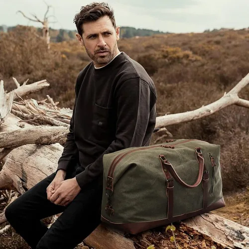 Miniatura 2 de S-ZONE - Bolsa de viaje de lona sobredimensionada con adornos de cuero genuino, bolsa deportiva de hombro de fin de semana, bolso de fin de semana