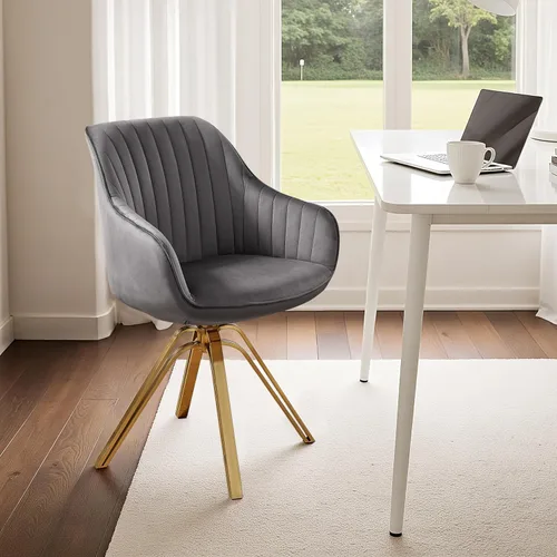 Miniatura 26 de Zouron Silla giratoria moderna de mediados de siglo con patas de metal dorado, silla de escritorio tapizada sin ruedas, silla de oficina lateral Oro