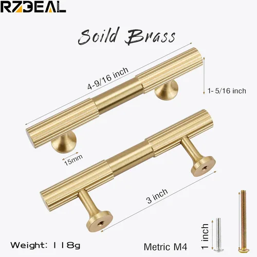 Miniatura 2 de RZDEAL - 4 tiradores dorados de gabinete de latón macizo, centros de agujeros de 3 pulgadas, para manijas de gabinete de cocina, cajón, baño